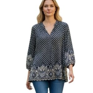Macy's Charter Club Women's Puff Sleeve Flowy Chiffon Blouse Black Patterned Top